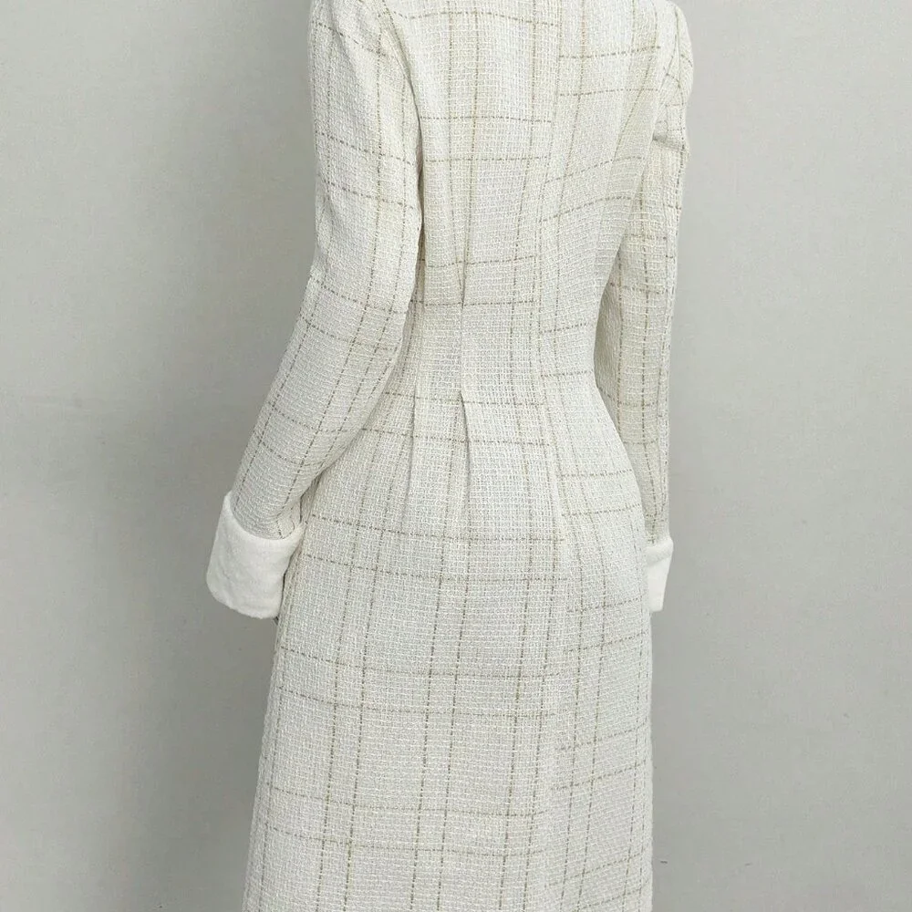 White Elegant Women's Long Sleeve Double-Breasted Coat w/Cinched Waist Cuff Fur - Picture 2 of 7